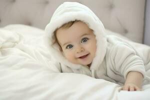 poco neonato bambino ragazzo sorridente nel culla, ai generato foto