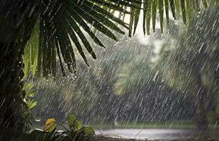 pioggia nel il tropici durante il Basso stagione o monsone stagione. gocce di pioggia nel un' giardino. generativo ai foto