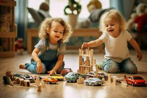 poco bambini giocando con impostato di di legno strada. creare ai foto