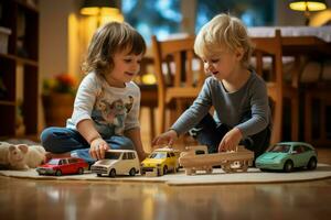 poco bambini giocando con impostato di di legno strada elementi. creare ai foto