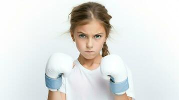 un arrabbiato ragazza con un' bianca e blu boxe guanto su sua viso. generativo ai foto