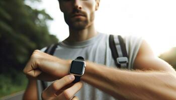 un' jogger guardare a un' vuoto schermo orologio intelligente su loro polso, assunzione un' rompere a partire dal un' correre.. generativo ai foto