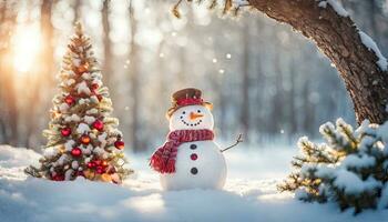 inverno vacanza Natale sfondo bandiera - avvicinamento di carino divertente ridendo pupazzo di neve con lana cappello e sciarpa, su nevoso neve snowscape con bokeh luci, generativo ai foto