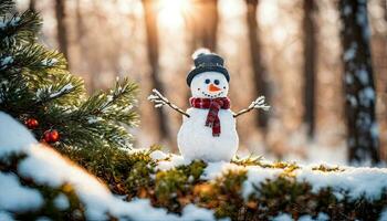 inverno vacanza Natale sfondo bandiera - avvicinamento di carino divertente ridendo pupazzo di neve con lana cappello e sciarpa, su nevoso neve snowscape con bokeh luci, generativo ai foto