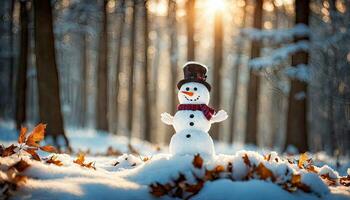 inverno vacanza Natale sfondo bandiera - avvicinamento di carino divertente ridendo pupazzo di neve con lana cappello e sciarpa, su nevoso neve snowscape con bokeh luci, generativo ai foto