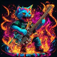 gatto giocando elettrico chitarra nel fuoco fiamme con neon luce. foto