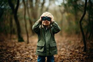 poco ragazzo guardare attraverso binocolo nel il parco. ragazzo esplorando natura. generativo ai foto