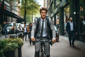 bello giovane uomo d'affari nel completo da uomo e con un' zaino equitazione un' bicicletta nel il città. generativo ai foto