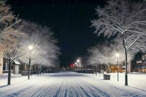 notte nevoso Natale città strada. sfondo. ai generativo professionista foto