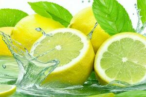 acqua spruzzi su limoni e verde tè foglia. ai generativo professionista foto