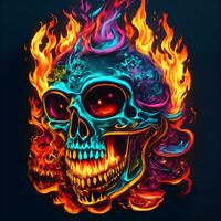 cranio con fuoco fiamme e neon leggero su nero sfondo. Halloween foto