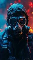 fantasia cyberpunk personaggio indossare gas maschera con blu tema. generativo ai foto