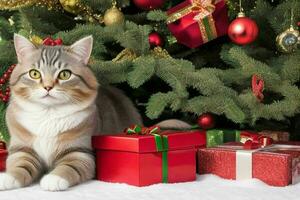 gatto vicino Natale albero e regalo per celebrare Natale. ai generativo professionista foto