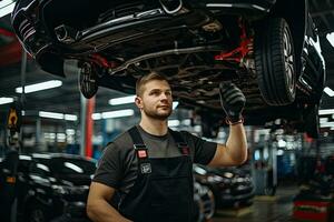 selettivo messa a fuoco di bello auto meccanico nel uniforme riparazione auto nel auto riparazione negozio. generativo ai foto