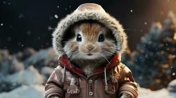 carino coniglio nel un' giacca e cappuccio nel il nevoso inverno per il Natale e nuovo anno vacanza foto