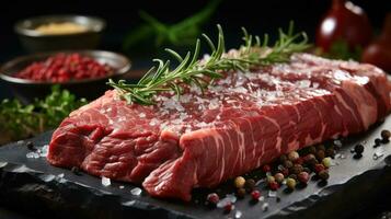 succoso fresco rosso crudo carne bistecche bugie su un' taglio tavola nel condimenti e Pepe pronto per cucinando foto