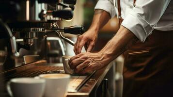 un' barista scrosciante caffè a partire dal un' caffè macchina. generativo ai foto