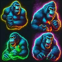 arrabbiato gorilla nel diverso pose. illustrazione su nero e neon leggero sfondo. foto