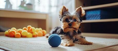 alto qualità foto di un' divertente yorkshire terrier cane giocando con un' beige giocattolo palla nel un' decorativo interno