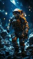 astronauta indossare tuta spaziale a piedi dentro il grotta con blu luce. generativo ai foto