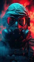 fantasia cyberpunk personaggio indossare gas maschera con blu tema. generativo ai foto