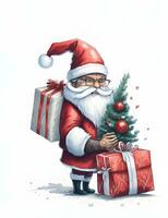 Santa Claus con regalo scatola e Natale albero su bianca sfondo. foto