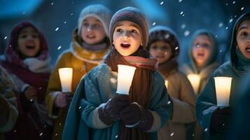 ai generativo le persone, bambini e adulti di diverso etnia e cultura, cantando Natale canti natalizi di notte con candela nel loro mani foto