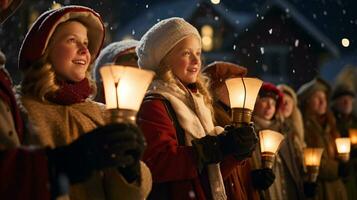 ai generativo le persone, bambini e adulti di diverso etnia e cultura, cantando Natale canti natalizi di notte con candela nel loro mani foto