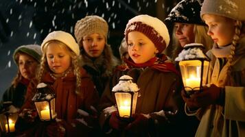 ai generativo le persone, bambini e adulti di diverso etnia e cultura, cantando Natale canti natalizi di notte con candela nel loro mani foto