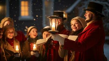 ai generativo le persone, bambini e adulti di diverso etnia e cultura, cantando Natale canti natalizi di notte con candela nel loro mani foto