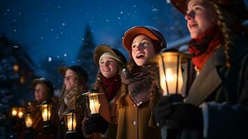 ai generativo le persone, bambini e adulti di diverso etnia e cultura, cantando Natale canti natalizi di notte con candela nel loro mani foto