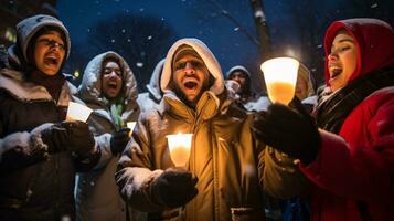 ai generativo le persone, bambini e adulti di diverso etnia e cultura, cantando Natale canti natalizi di notte con candela nel loro mani foto