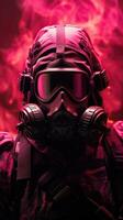 cyberpunk personaggio indossare gas maschera con rosa tema. generativo ai foto