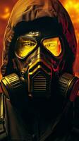 fantasia personaggio indossare gas maschera con giallo cyberpunk tema. generativo ai foto