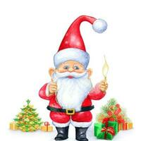 carino gnomo Santa Claus cartone animato mano disegnare cartone animato stile e Natale albero su bianca sfondo, acquerello foto