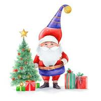 carino gnomo Santa Claus cartone animato mano disegnare cartone animato stile e Natale albero su bianca sfondo, acquerello foto