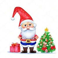 carino gnomo Santa Claus cartone animato mano disegnare cartone animato stile e Natale albero su bianca sfondo, acquerello foto