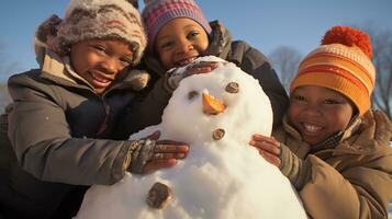 ai generativo bambini di diverso etnie edificio pupazzo di neve nel parco con grande neve coperta foto