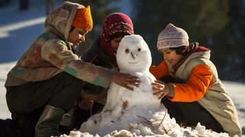 ai generativo bambini di diverso etnie edificio pupazzo di neve nel parco con grande neve coperta foto