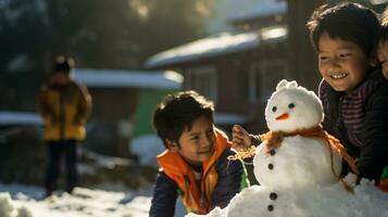 ai generativo bambini di diverso etnie edificio pupazzo di neve nel parco con grande neve coperta foto