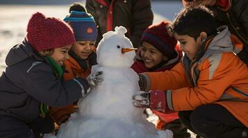 ai generativo bambini di diverso etnie edificio pupazzo di neve nel parco con grande neve coperta foto