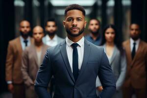 un africano uomo d'affari nel un' completo da uomo con e un' gruppo di persone nel il sfondo squadra capo concetto ai generativo foto