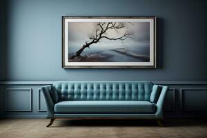 3d rendere moderno blu divano con pittura ai generativo foto