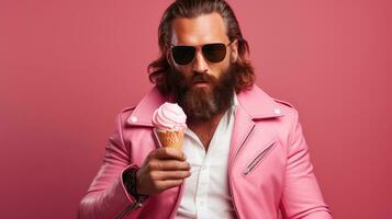 lungo dai capelli uomo con un' barba Tenere un ghiaccio crema cono su un' rosa sfondo ai generato foto