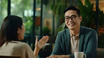asiatico uomo d'affari indossare occhiali, sorridente e agitando a il suo collega ai generato foto