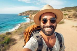 gioioso uomo cattura un' autoscatto con cappello e occhiali da sole ai generativo foto