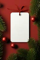 moderno regalo etichetta per Natale vacanza modello su rosso sfondo ai generato foto