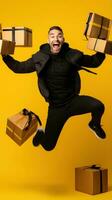eccitato uomo salto alto con shopping borse nel nero Venerdì su giallo sfondo ai generato foto