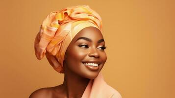 sorridente africano donna modello con foulard guardare lontano su beige sfondo con copyspace ai generato foto