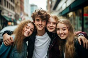 contento adolescenti in posa su città strada. creare ai foto